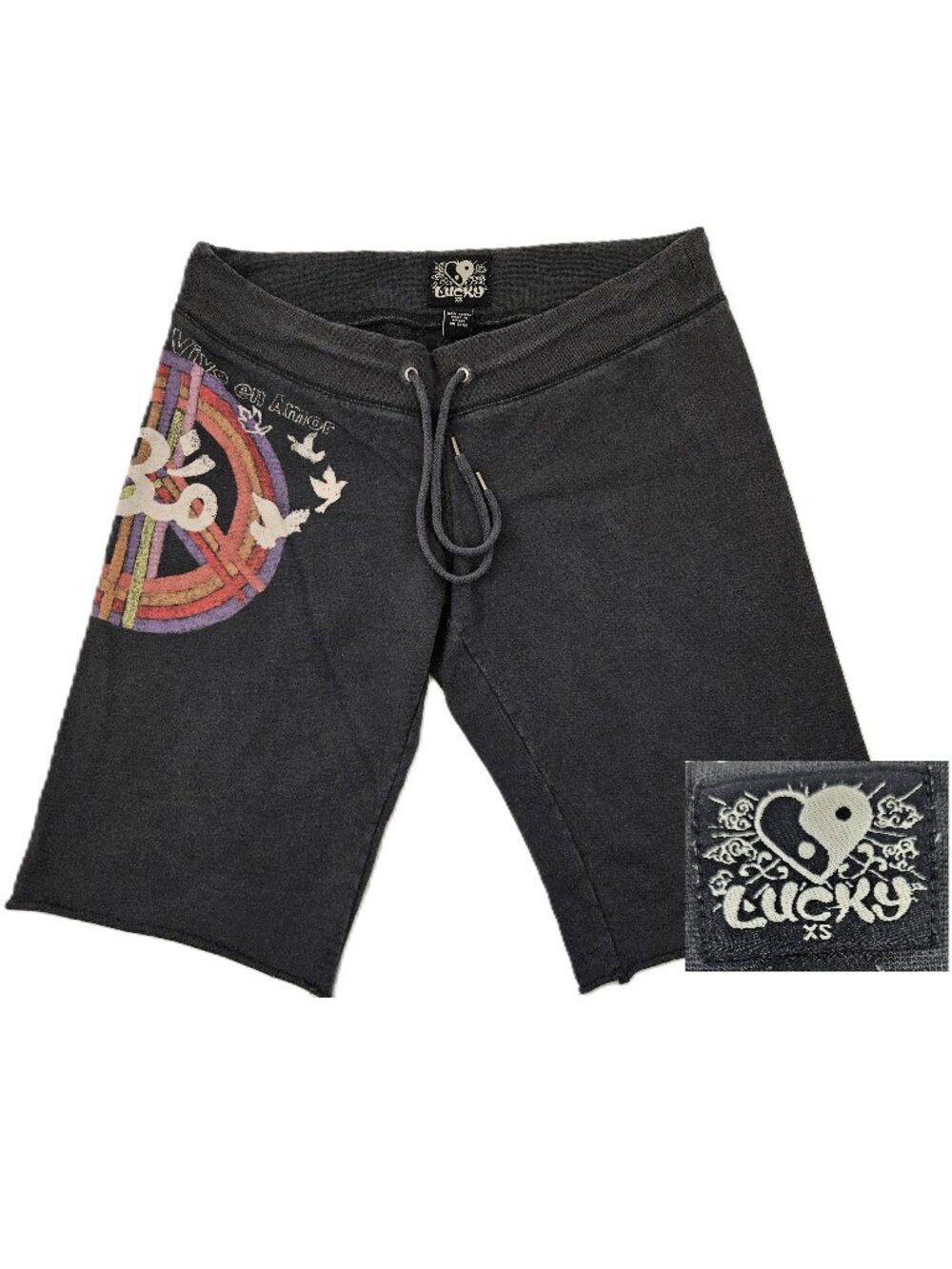 Vintage Lucky Brand Knit Bermuda Shorts XS Black Om Vive en Amor Y2K 2000s Peace